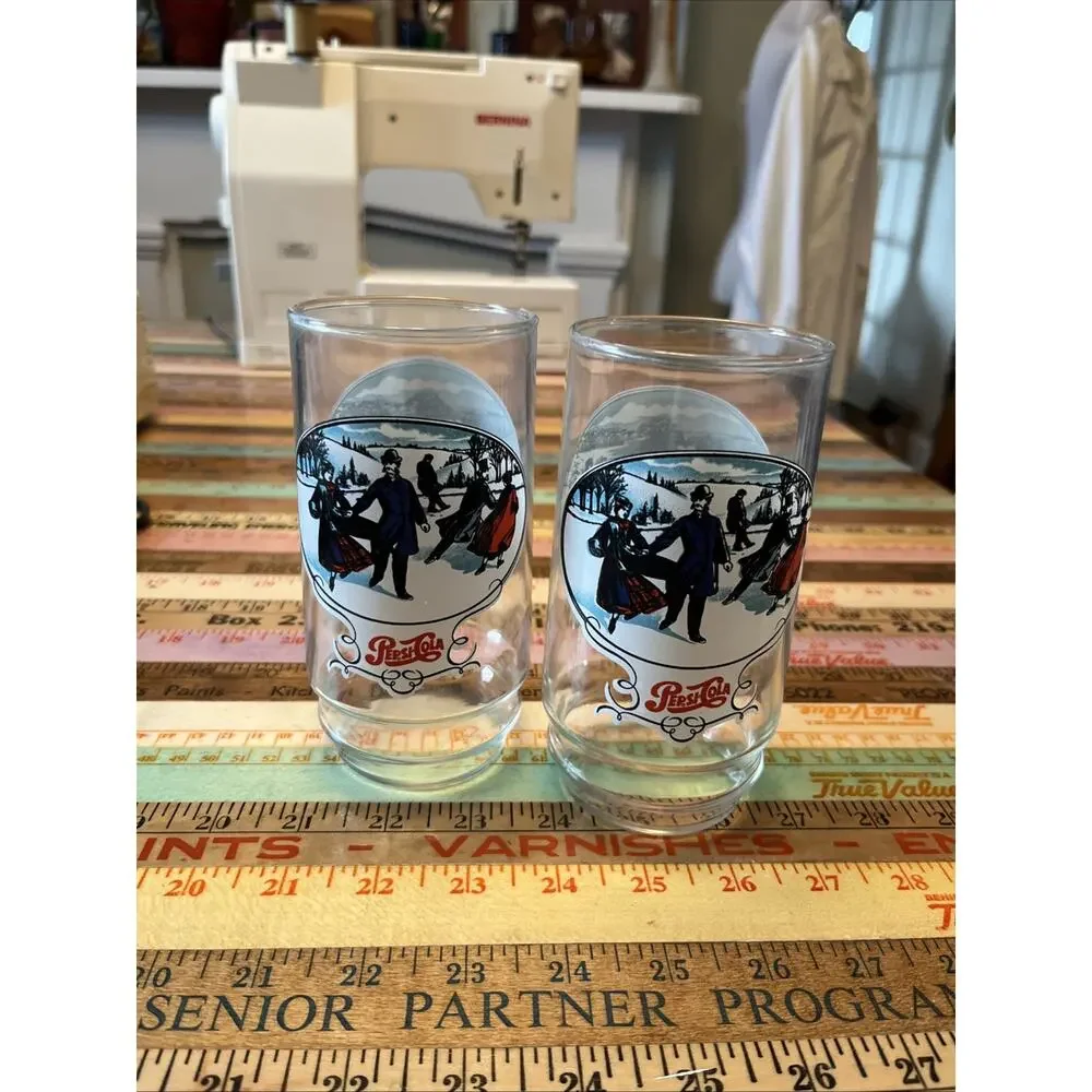 Two Vintage collectible Pepsi-Cola Glasses Horse Pulling Sleigh Winter Holiday